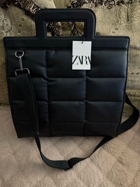 ZARA Black Quilted Messenger Tote with Top Handle